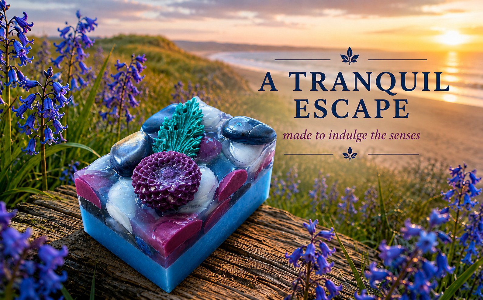Scottish Waterfall soap on a wooden surface with a scenic background
