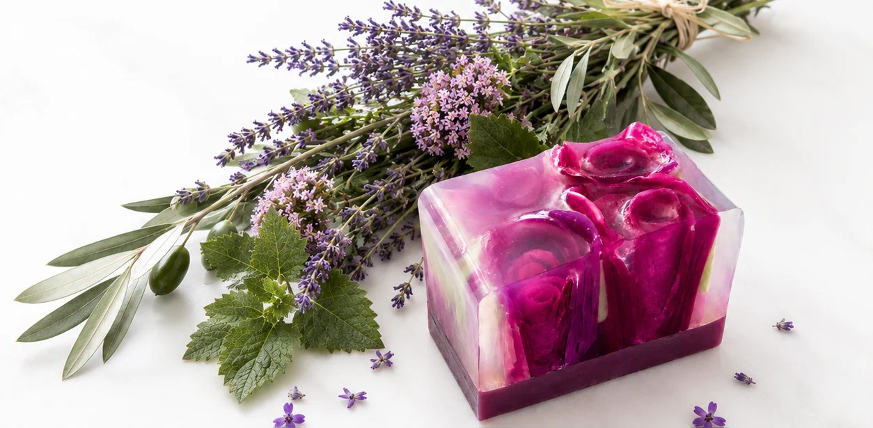 A rectangular bar of translucent purple and magenta soap with rose-shaped swirls, styled with fresh lavender and olive branches on a white background.