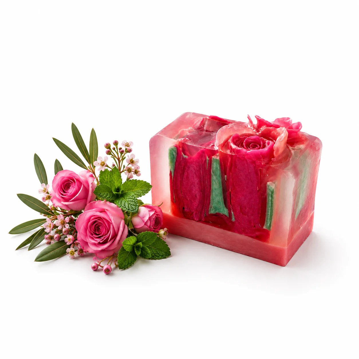 Square pink soap with rose design next to a small bouquet of pink roses on a white background