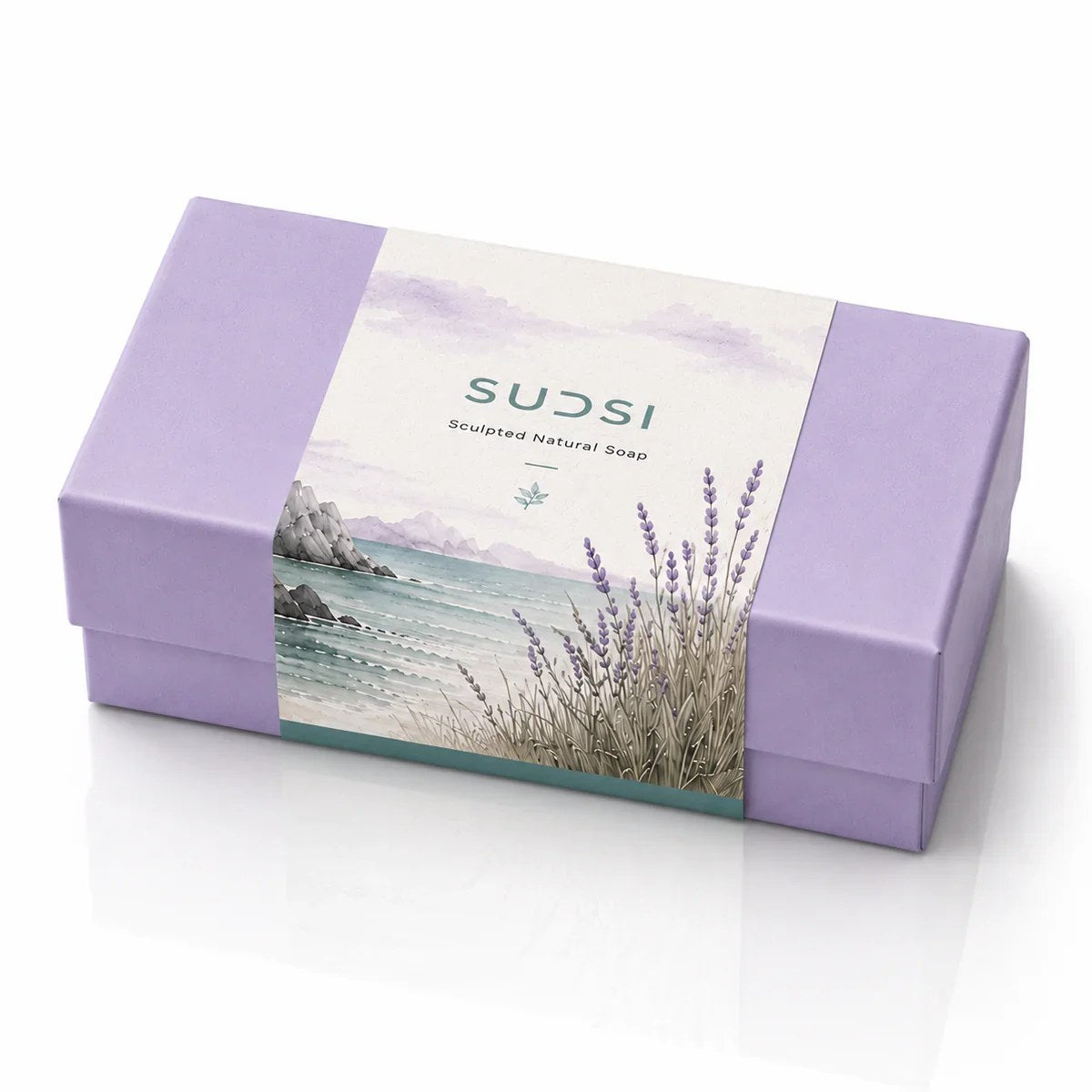 Purple soap packaging with nature-themed design and 'SUDSI' branding.