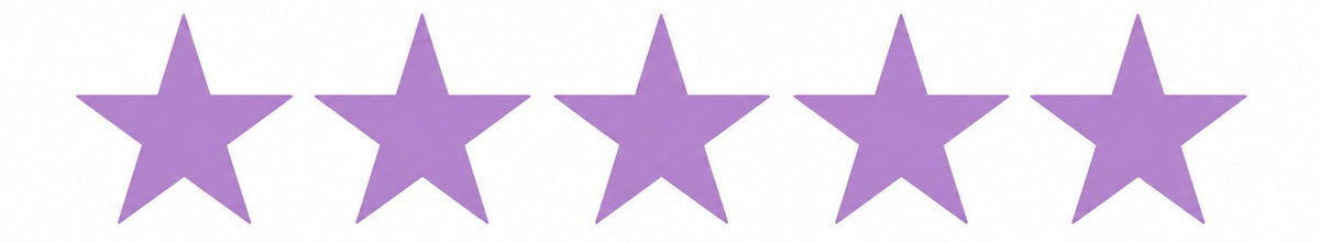 Five solid light purple stars aligned in a horizontal row on a plain white background.