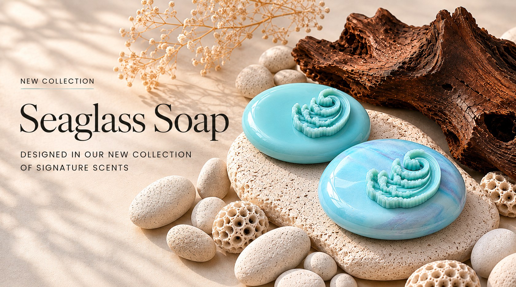 Two blue seaglass soaps on a stone surface with sand and driftwood in the background.